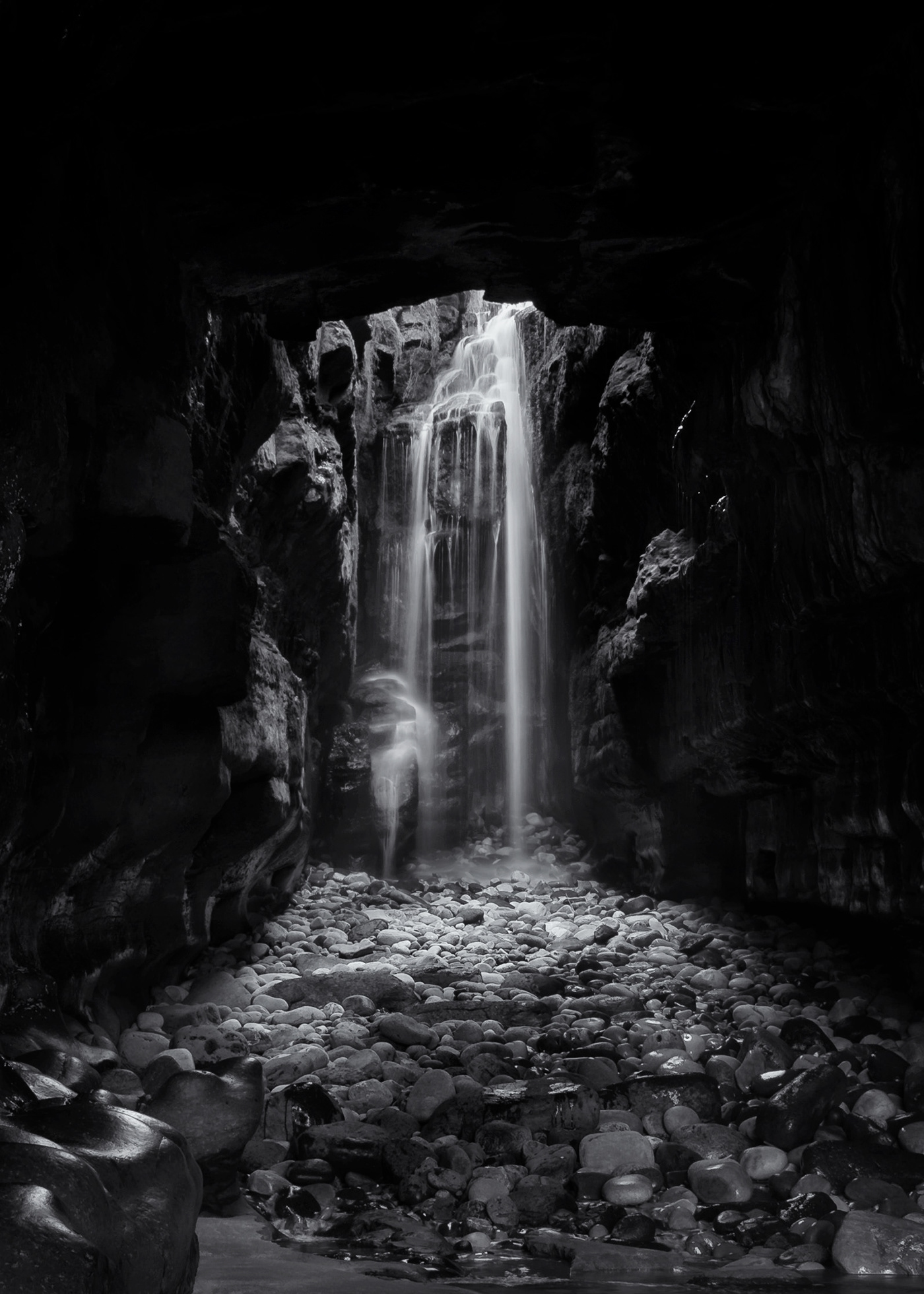 waterfall cave Ireland Nature Landscape beauty rocks black and white Monochromatic