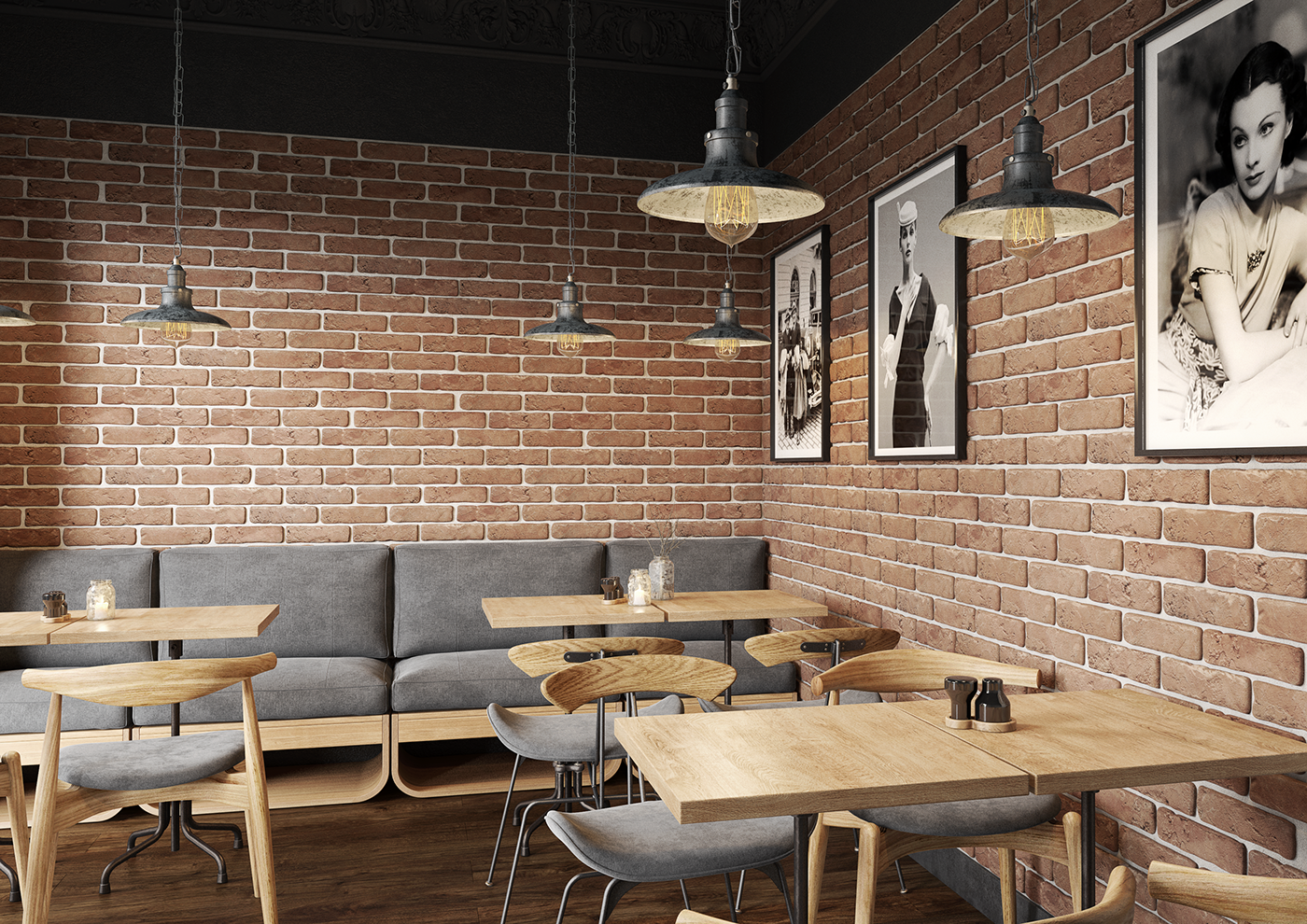 brick interior design  vray 3ds max photorealistic render rendering 3D Chair Table industrial interior Scandinavian