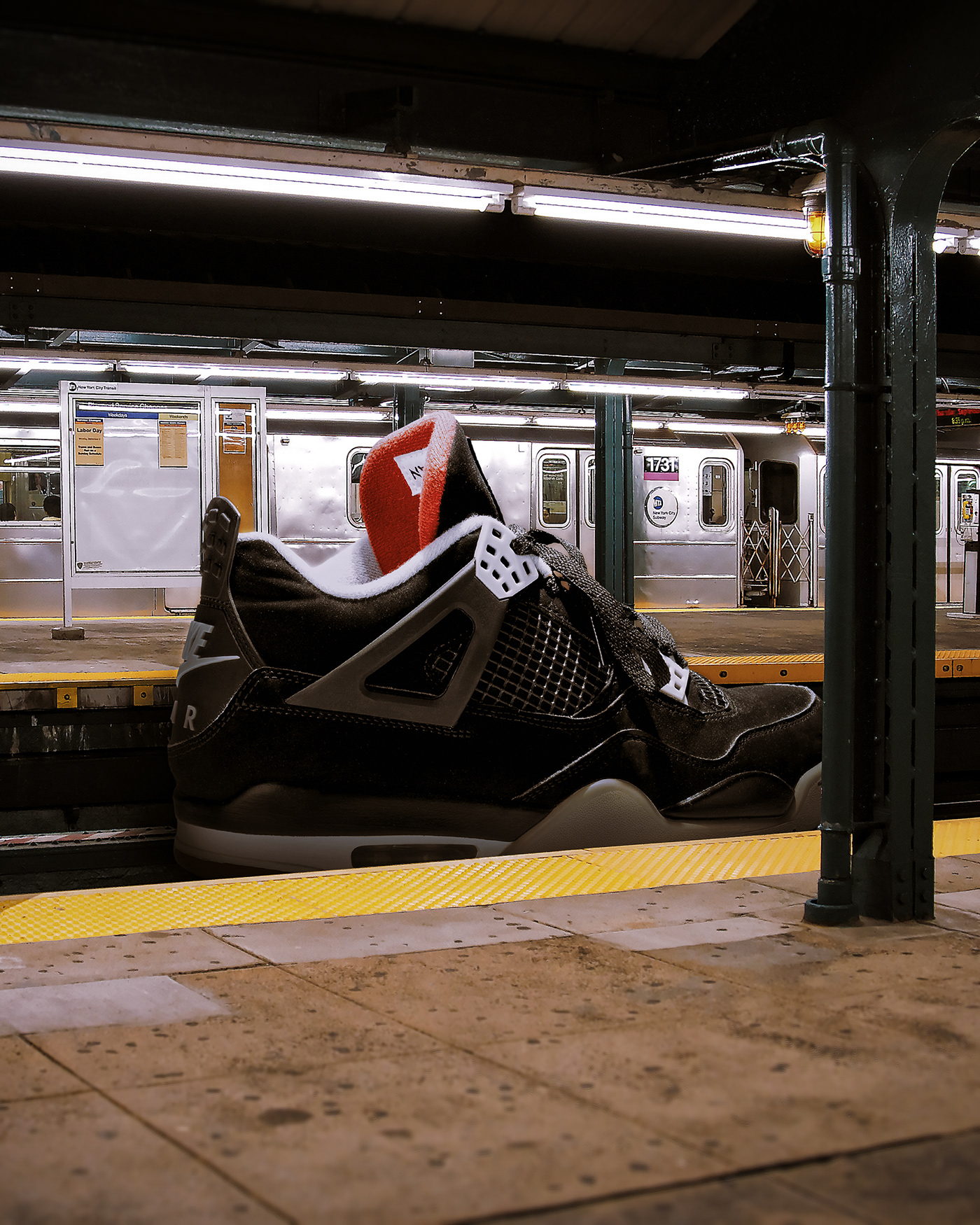 Photo composite of giant sneaker in subway station . Retouching using Photoshop