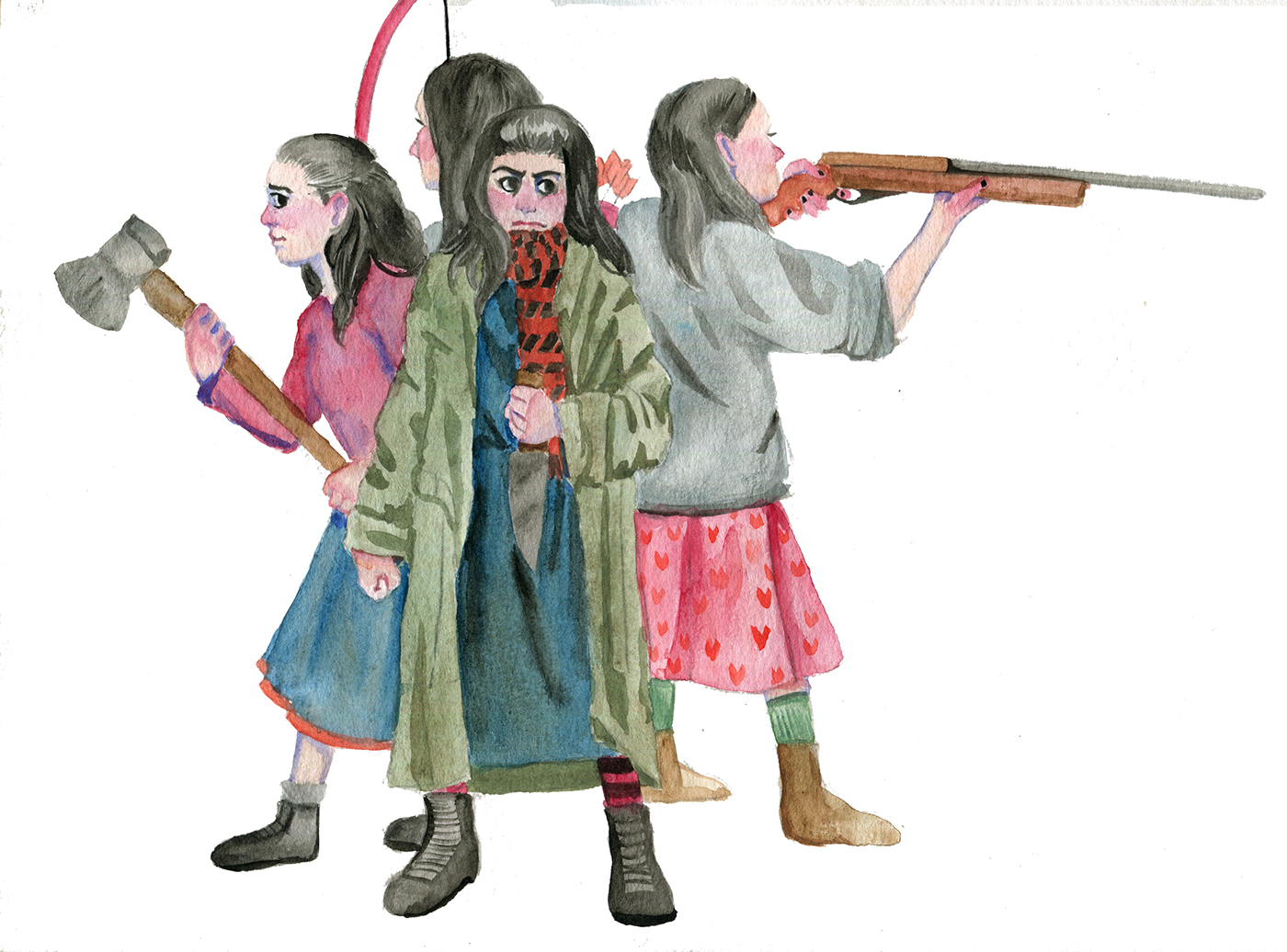 watercolor Drawing  editorial School Project Towson University girls weapons woods autumn characters