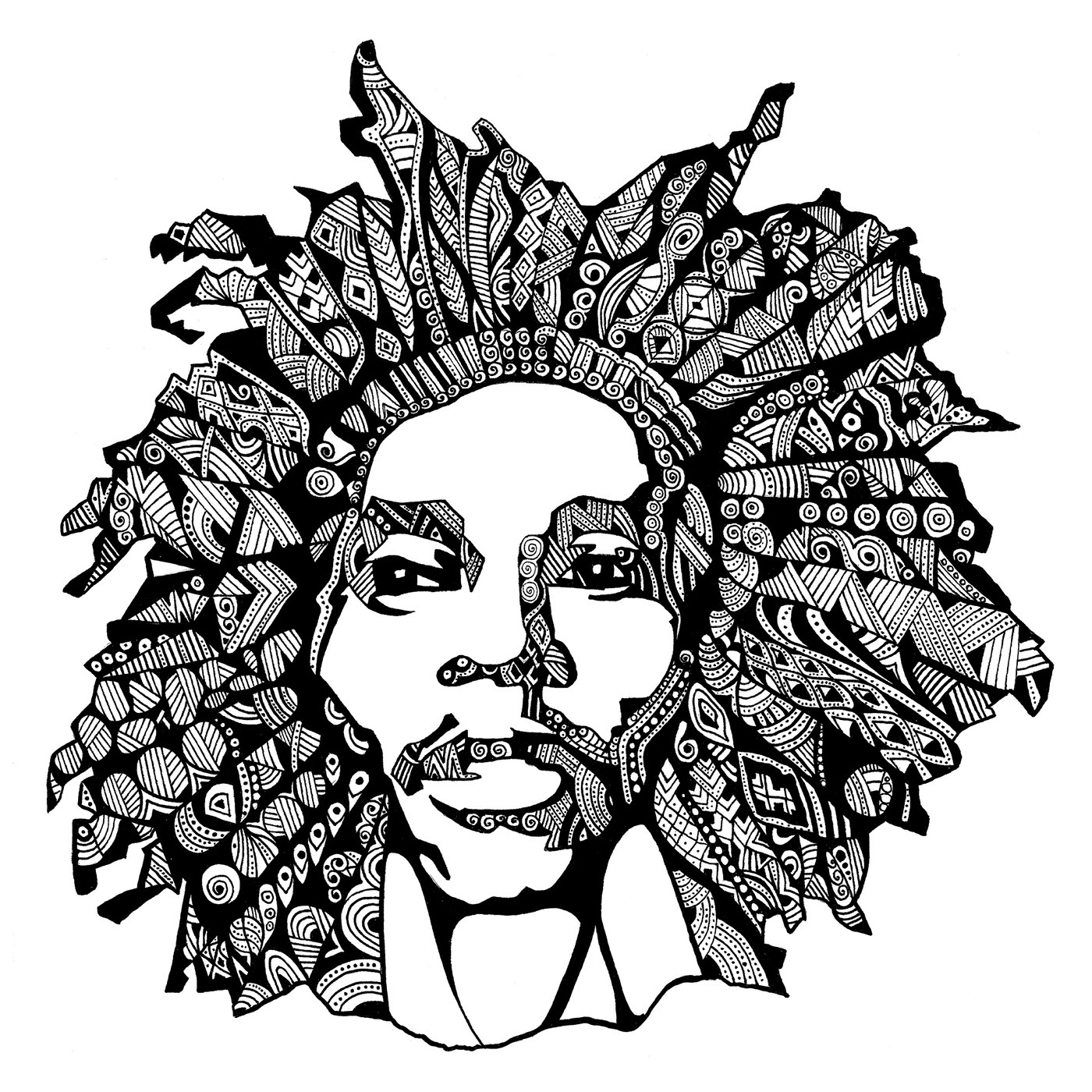 Bob Marley Singer draw paper ink pen pancil Adobe Photoshop hermes etro adobe instagram Zentangle Style