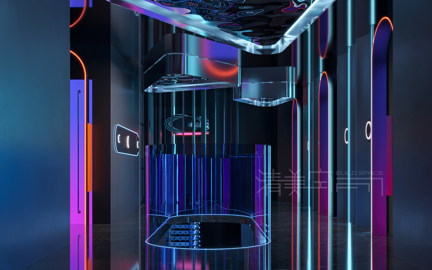 building Cyberpunk interior design  nightclub spacetime universe