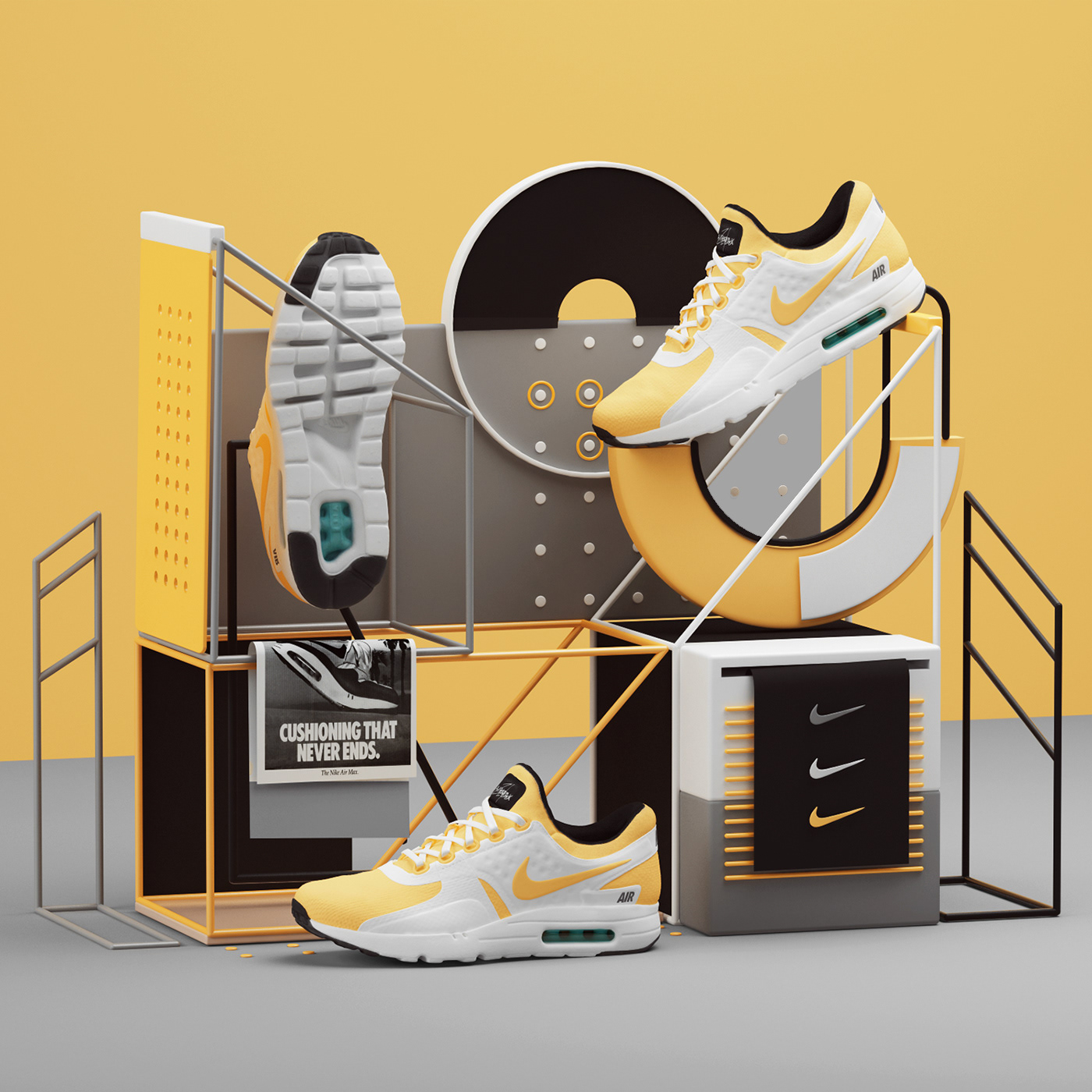 Nike air MAX airmax sneakers justdoit zero set 3D abstract design c4d cinema4d Render vray
