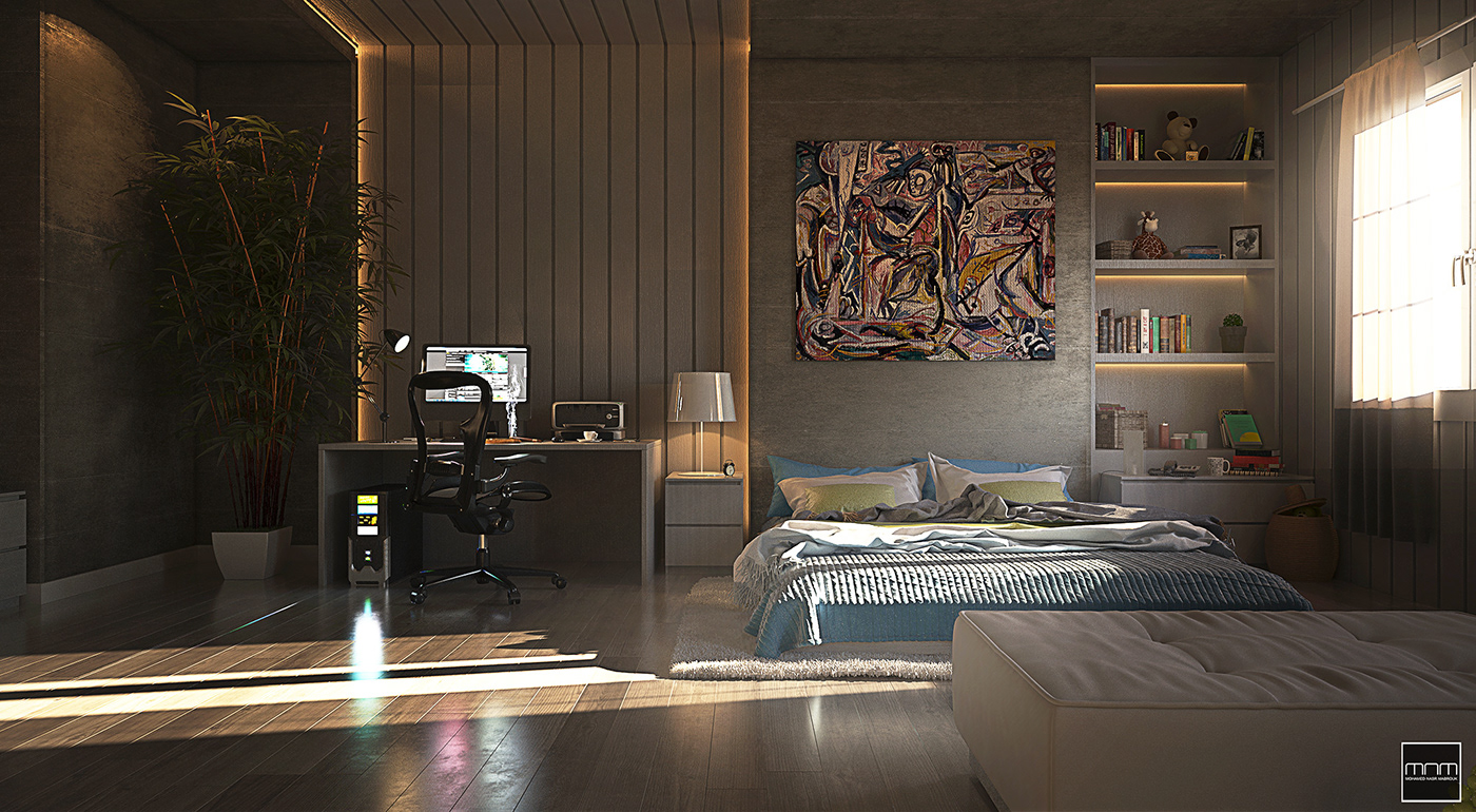 Adult bedroom concrete Interior lights rendering vray wood