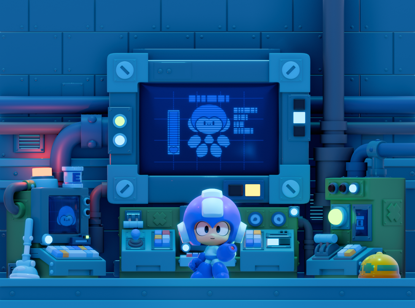 cute 3D Mega Man lab lighting environment Cartoony