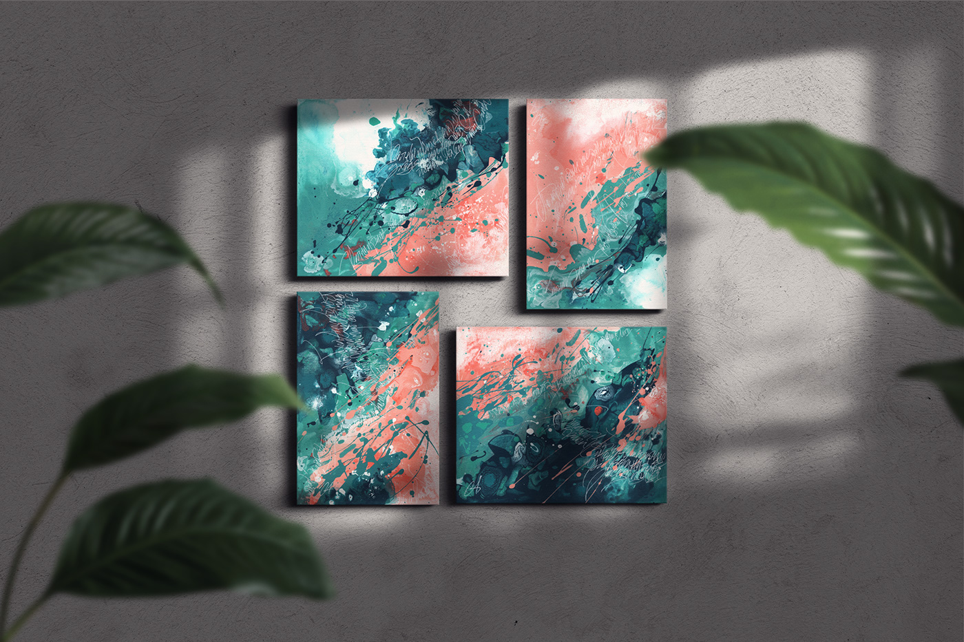 Canvases with abstract calligraphy on the wall.
