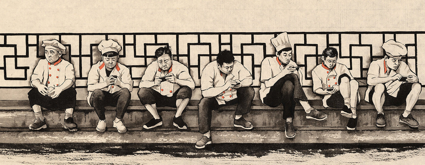 shanghai people Far East china tradition contrast brush drawing ink drawing street life everyday
