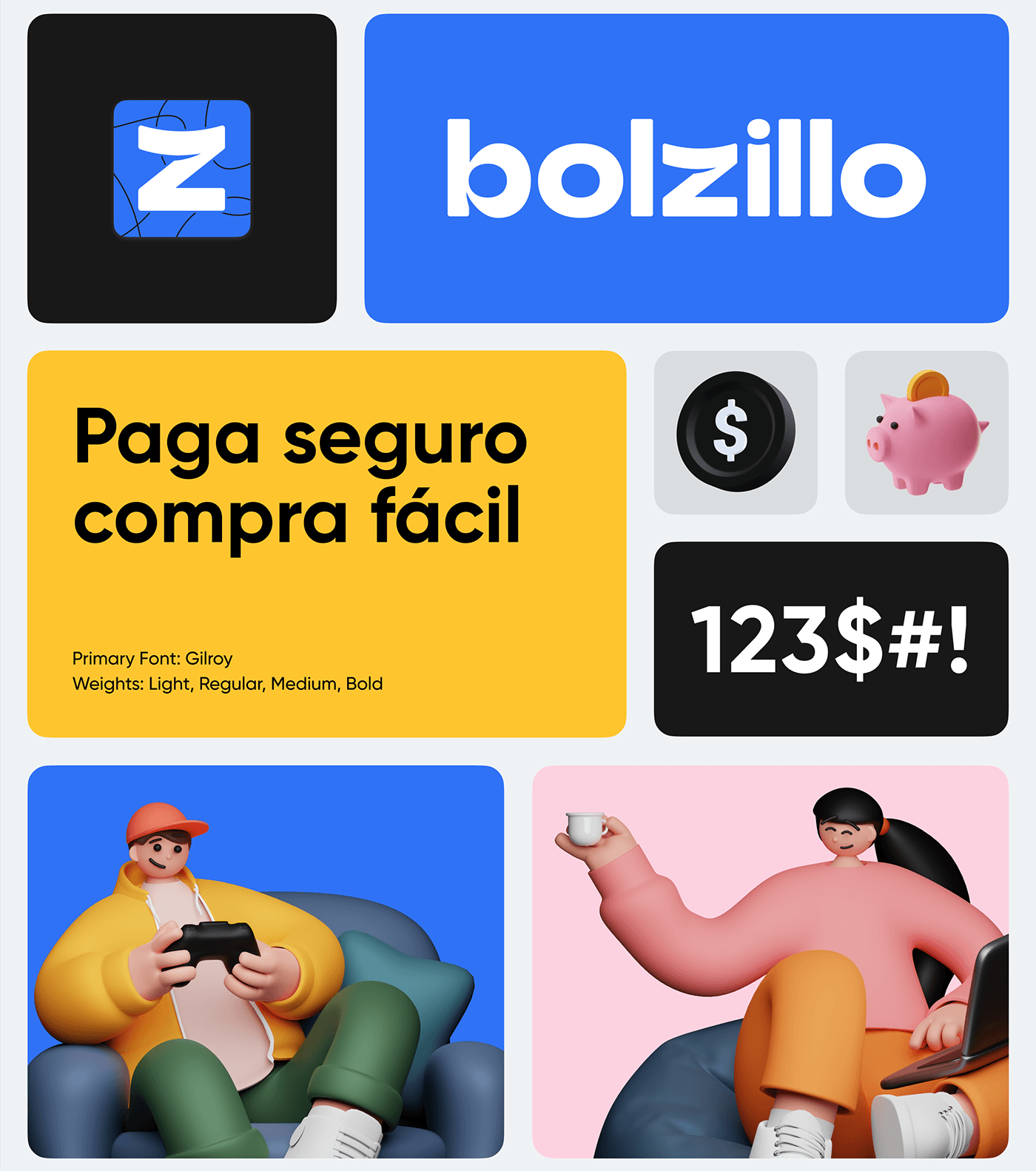 Bolzillo brand assets: symbol, wordmark, typeface, and 3D illustrations.
