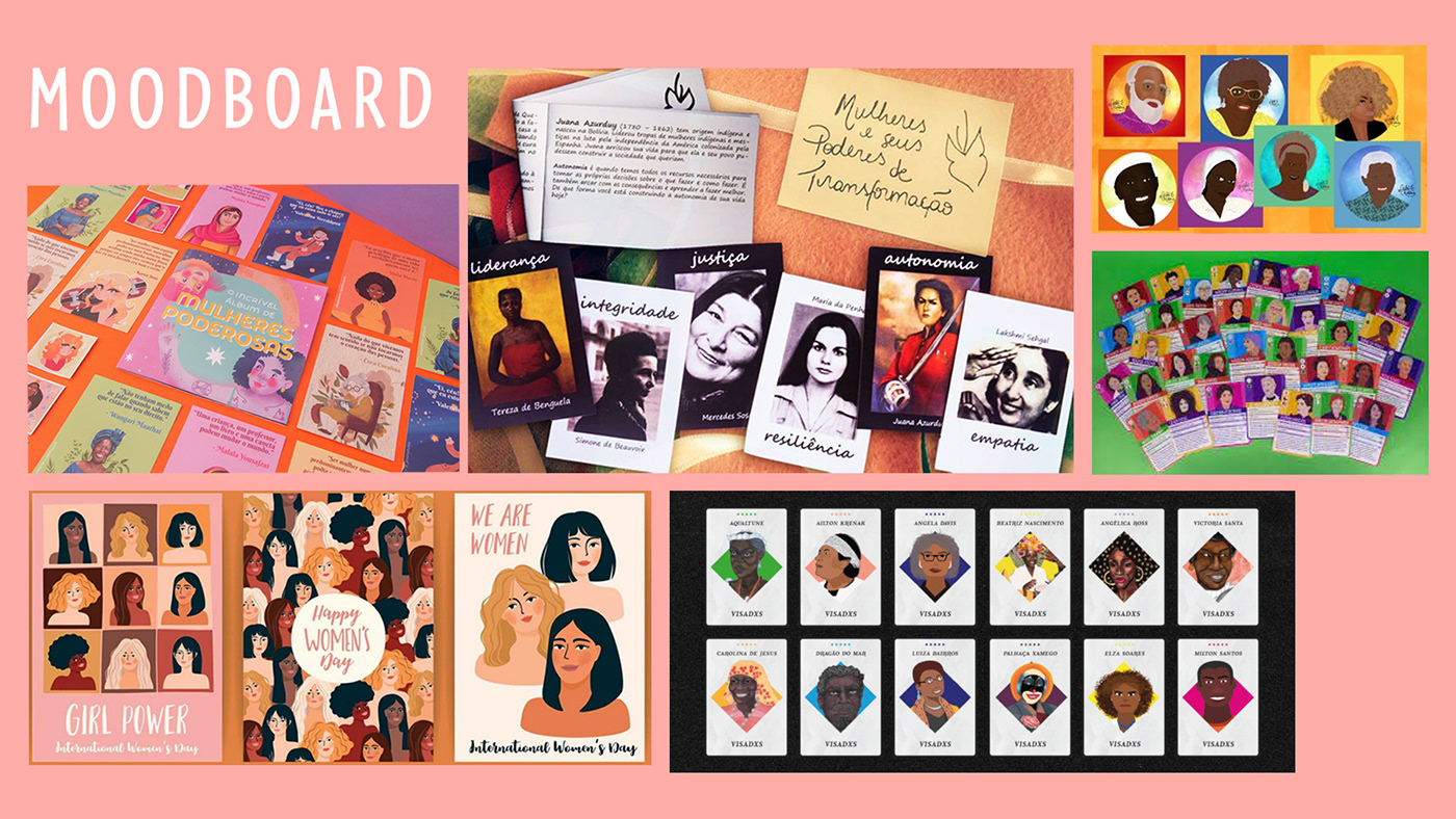 Moodboard of different card game and alguns about empowered women.