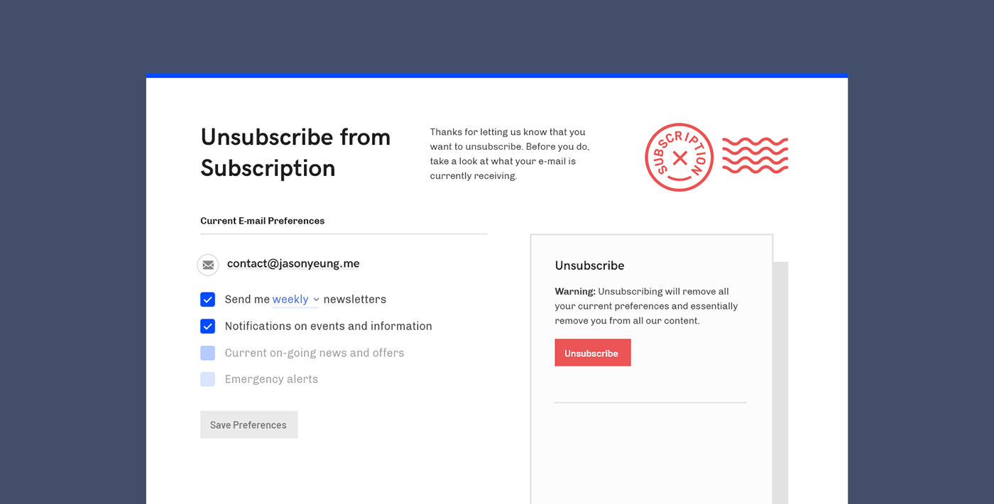 DailyUI day 7 e-mail unsubscribe settings