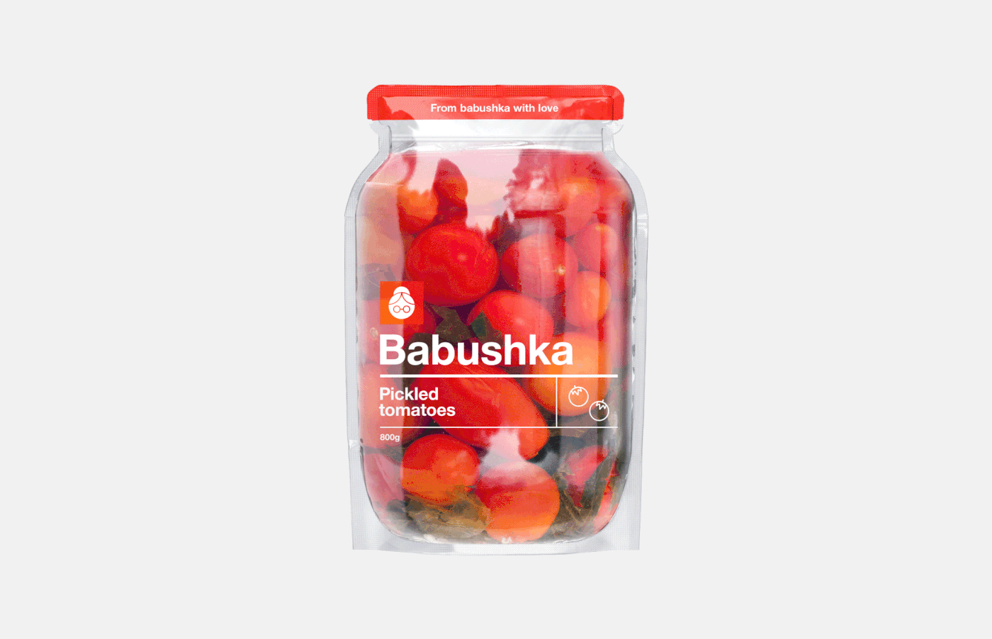 granny can pickles tomatos cucumbers glass jar helvetica doypack