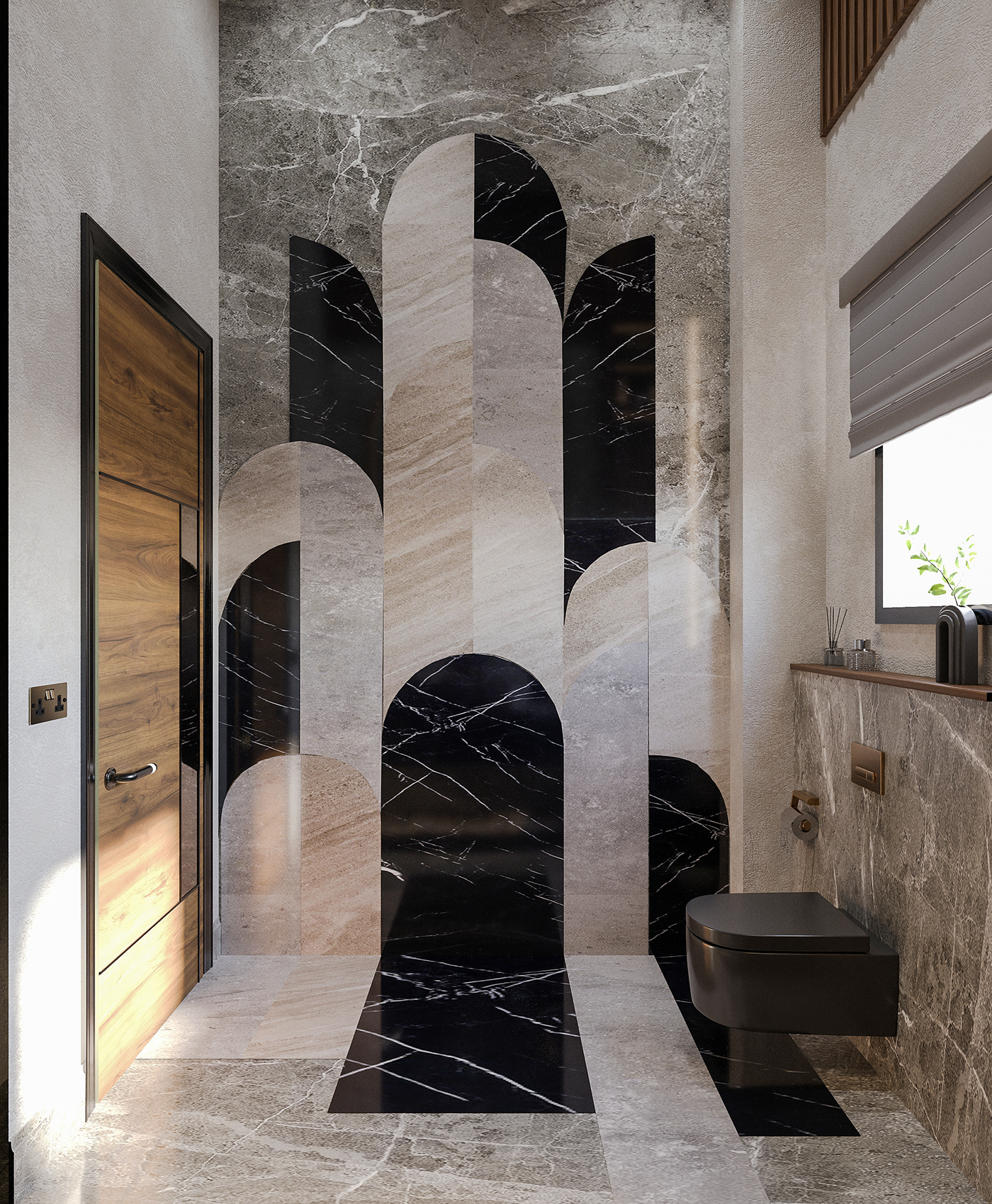 modern Style Guest Toilet powder room Marble wood interiror design architectural design statue mirror