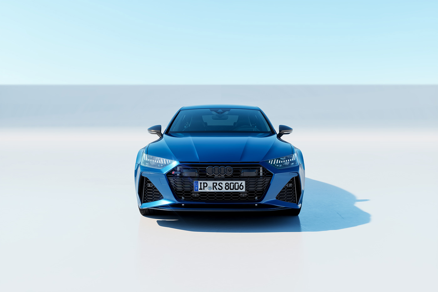 front camera angle for audi rs7 2020 sportback sepang blue with german license plate.