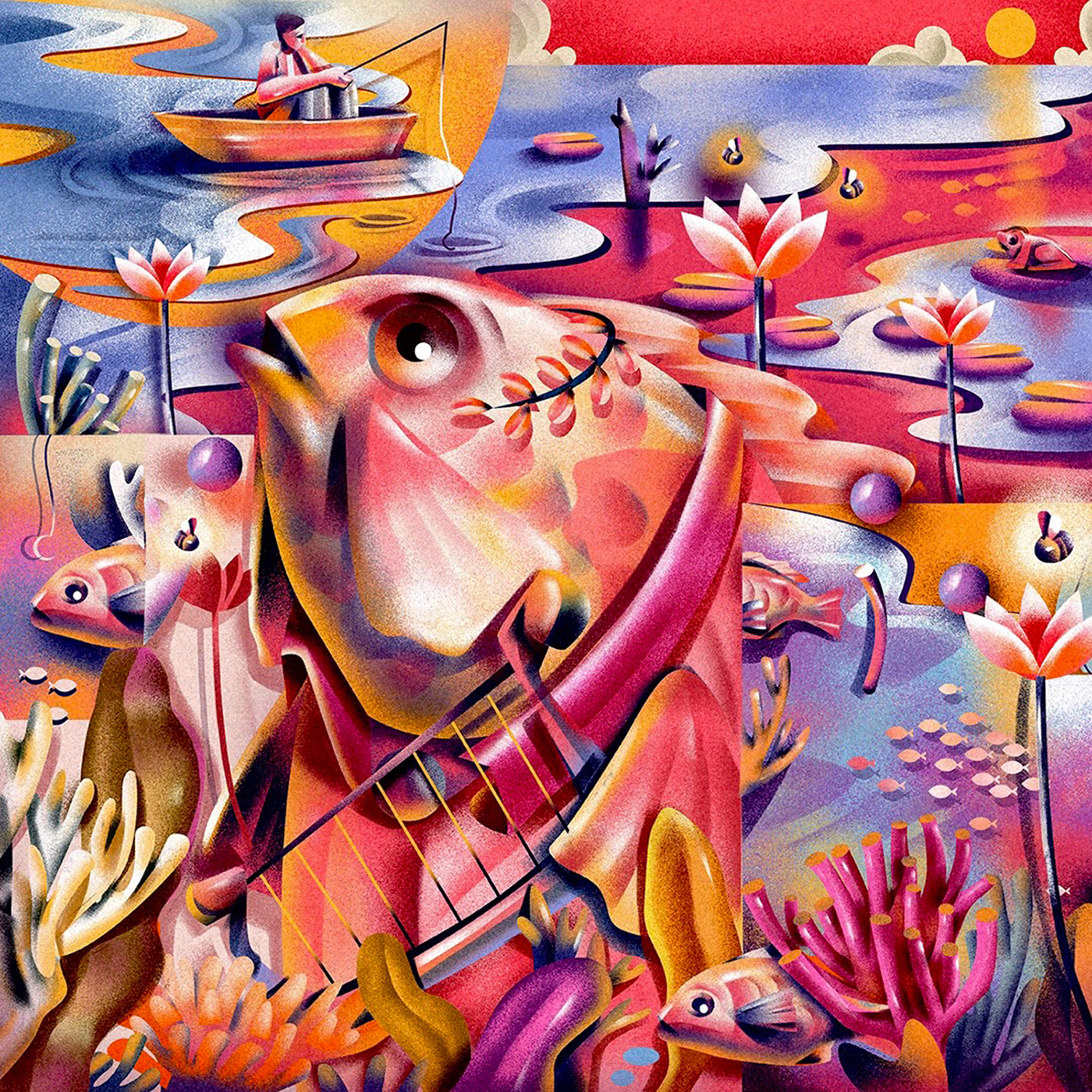 art colour design digital illustration fish ILLUSTRATION  music Ocean sunset water