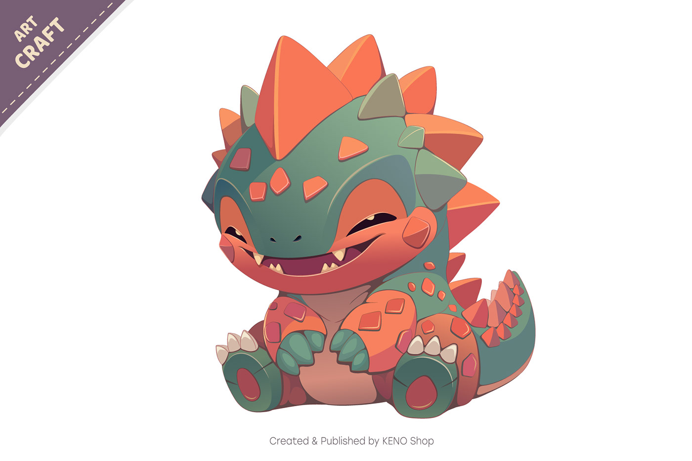 Cute cartoon illustration of a little smiling dinosaur. Unique design, fantasy mascot.