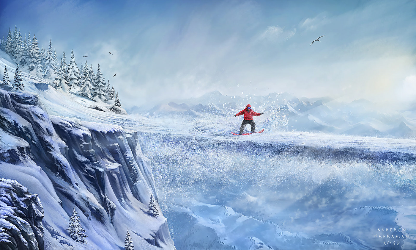 rafting snowboard cliff ILLUSTRATION  painting   Digital Art  waterfall snow Character design  Advertising 