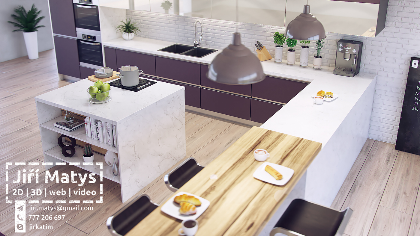 kitchen modern Interior interier wood V-ray vray 3ds max reflection