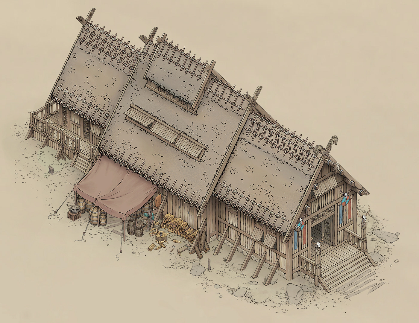 viking nordic town archıtecture envıronment vıllage Isometric lineart building game