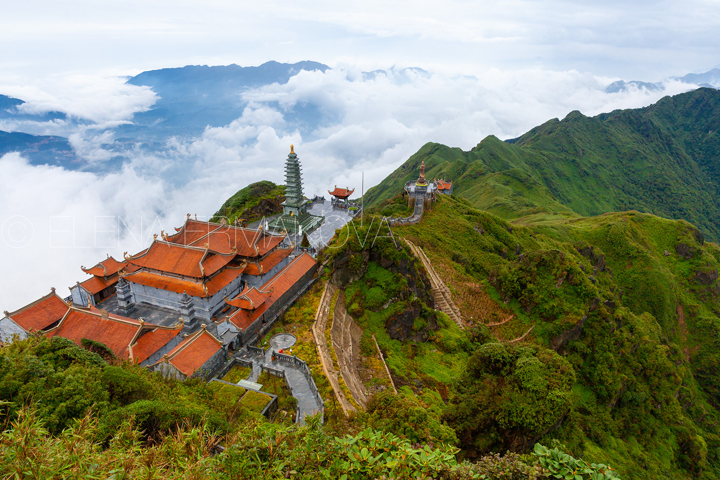 View of Buddhist the temple from the Fansipan peak, Sapa, Vietnam