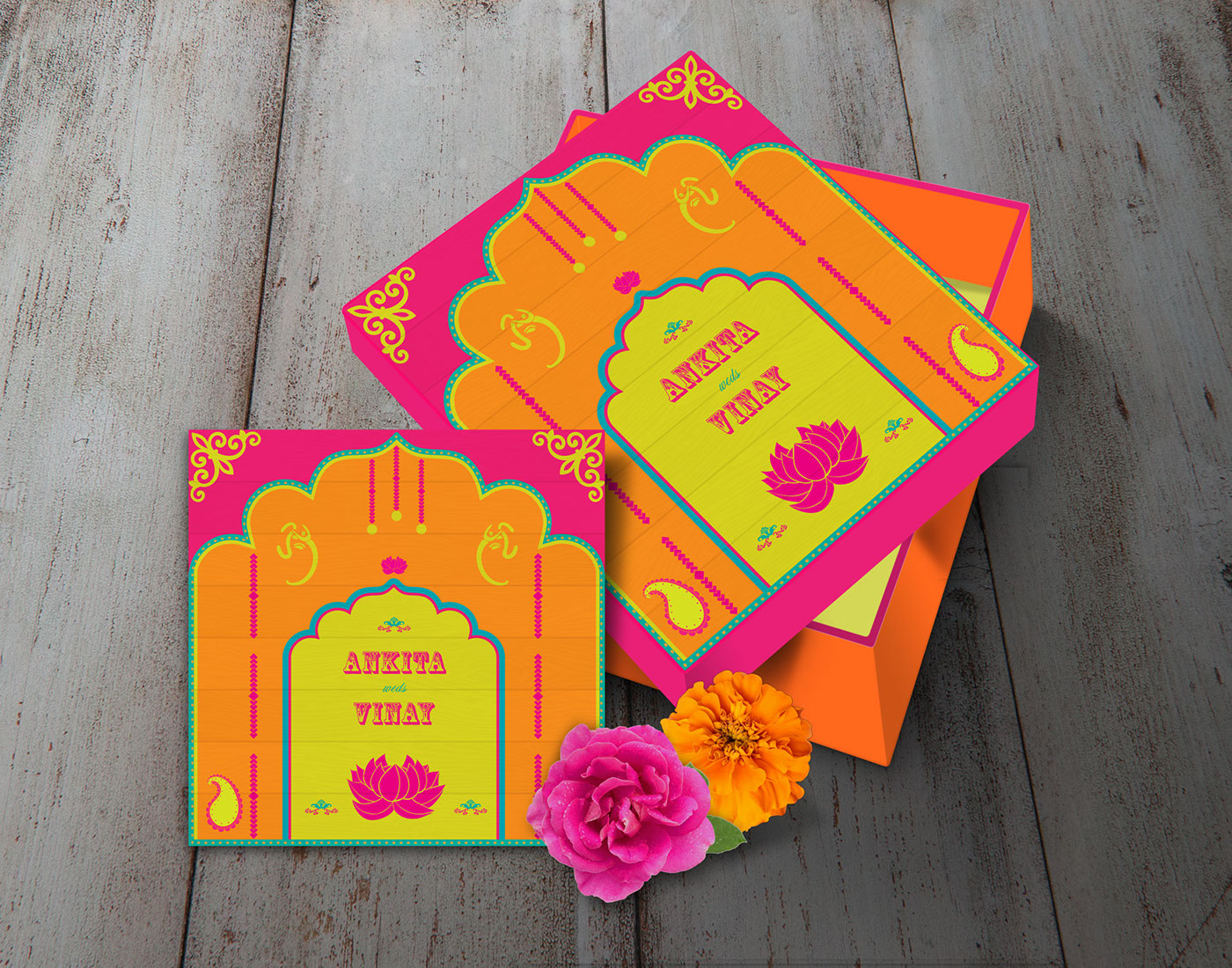 wedding cards hot pink yellow gold bangalore Glitter indian Freelance stationary save the date Love couples love design