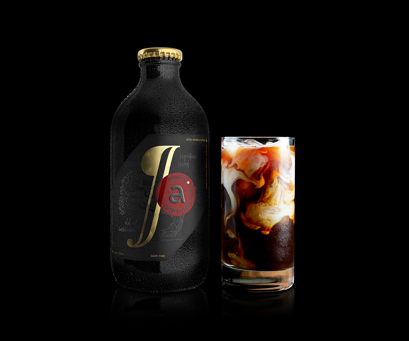 3D black bottle Coffee Cold Brew design Label Packaging Render rendering