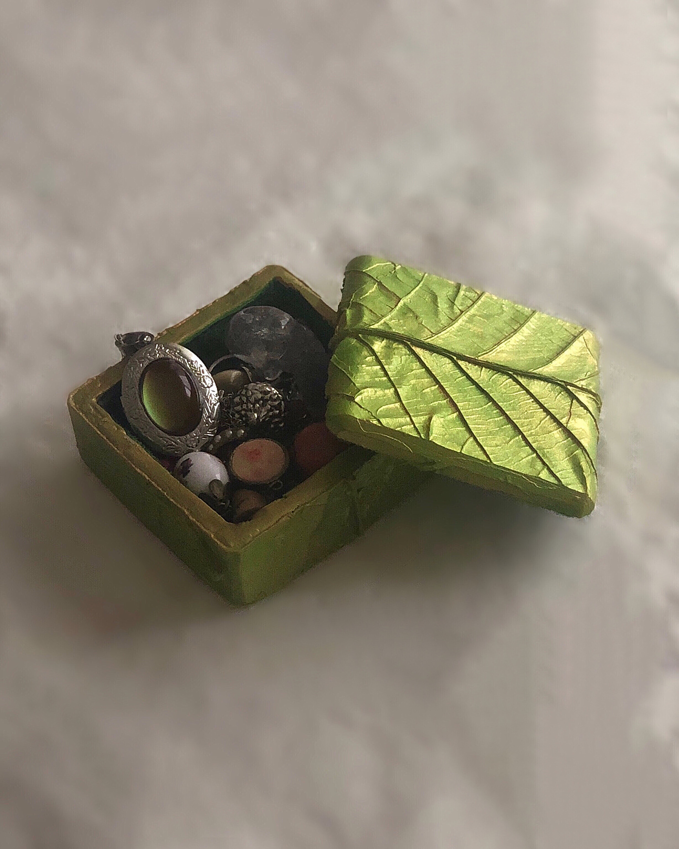 box design elven golden green handmade handpainted leaf pagan trinket