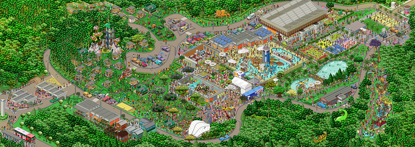 Isometric Park seek and find swimming pool Pixel art detail Where Is Wally map rod hunt IC4Design