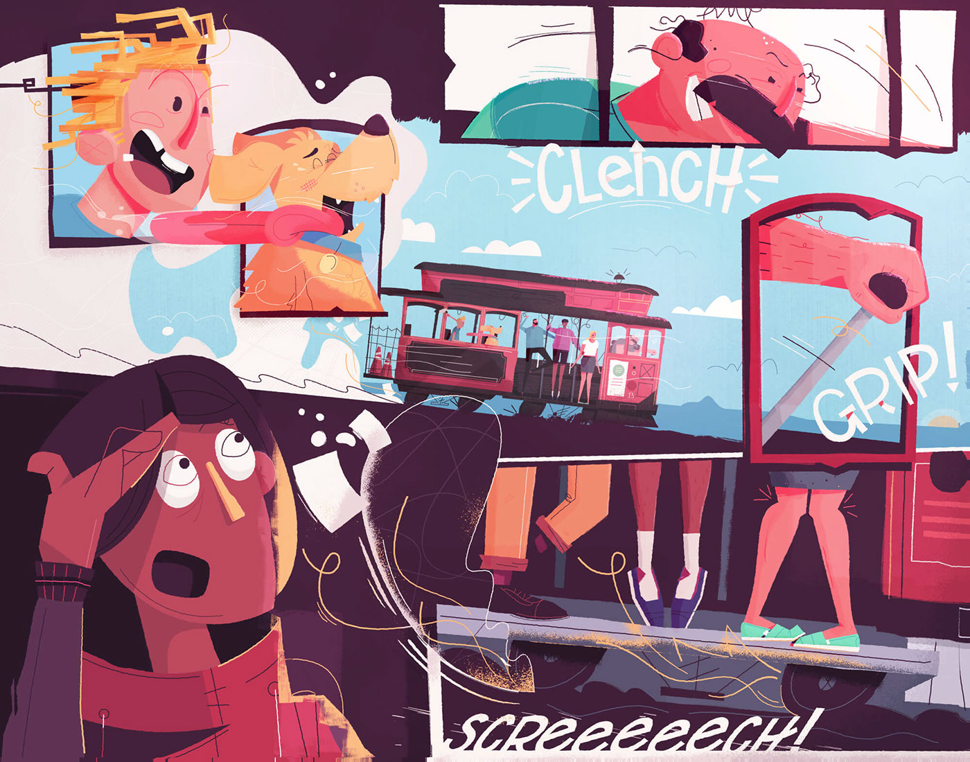 a grid of illustrations of different people reacting to a trolley rolling down the hill.