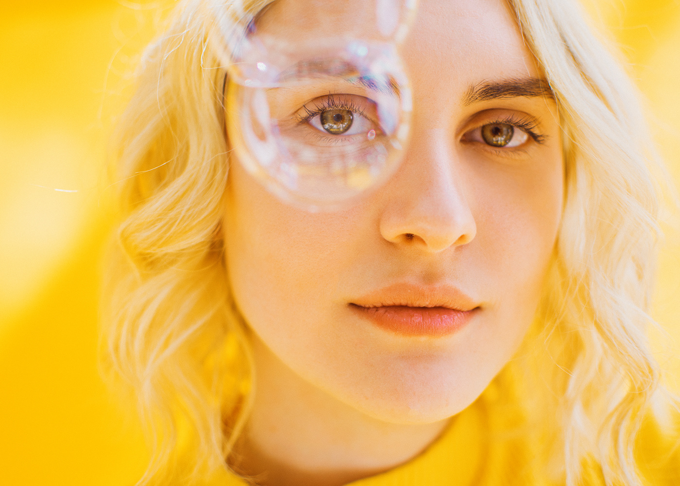 yellow woman bubbles blonde eyes turtleneck bright colorful Beautiful pretty
