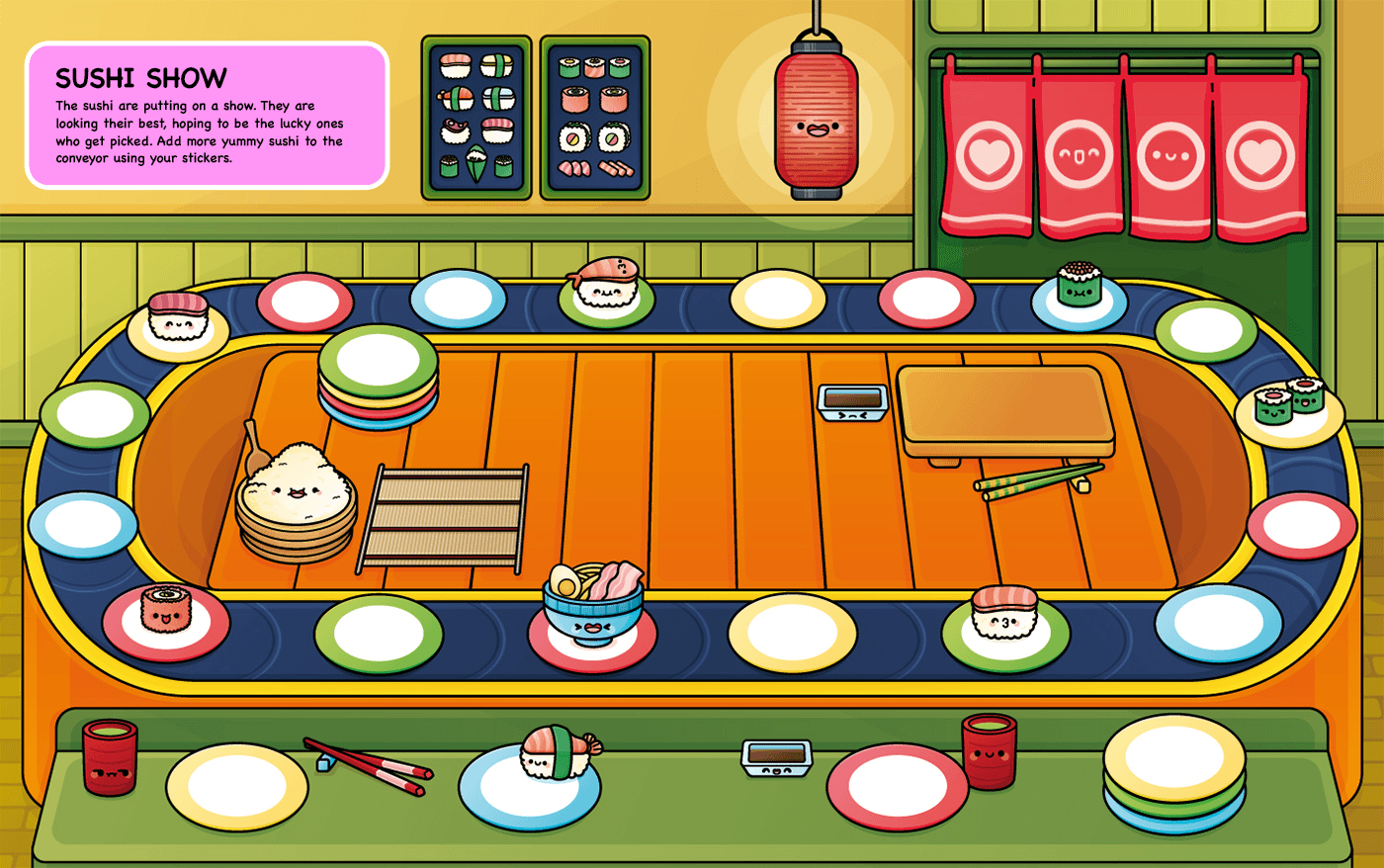 Double page showcasing a Japanese restaurant with cute and kawaii stickers featuring delicious food.