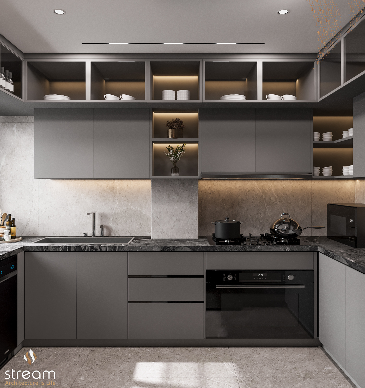 kitchen interior design  architecture Render 3ds max corona design photoshop grey
