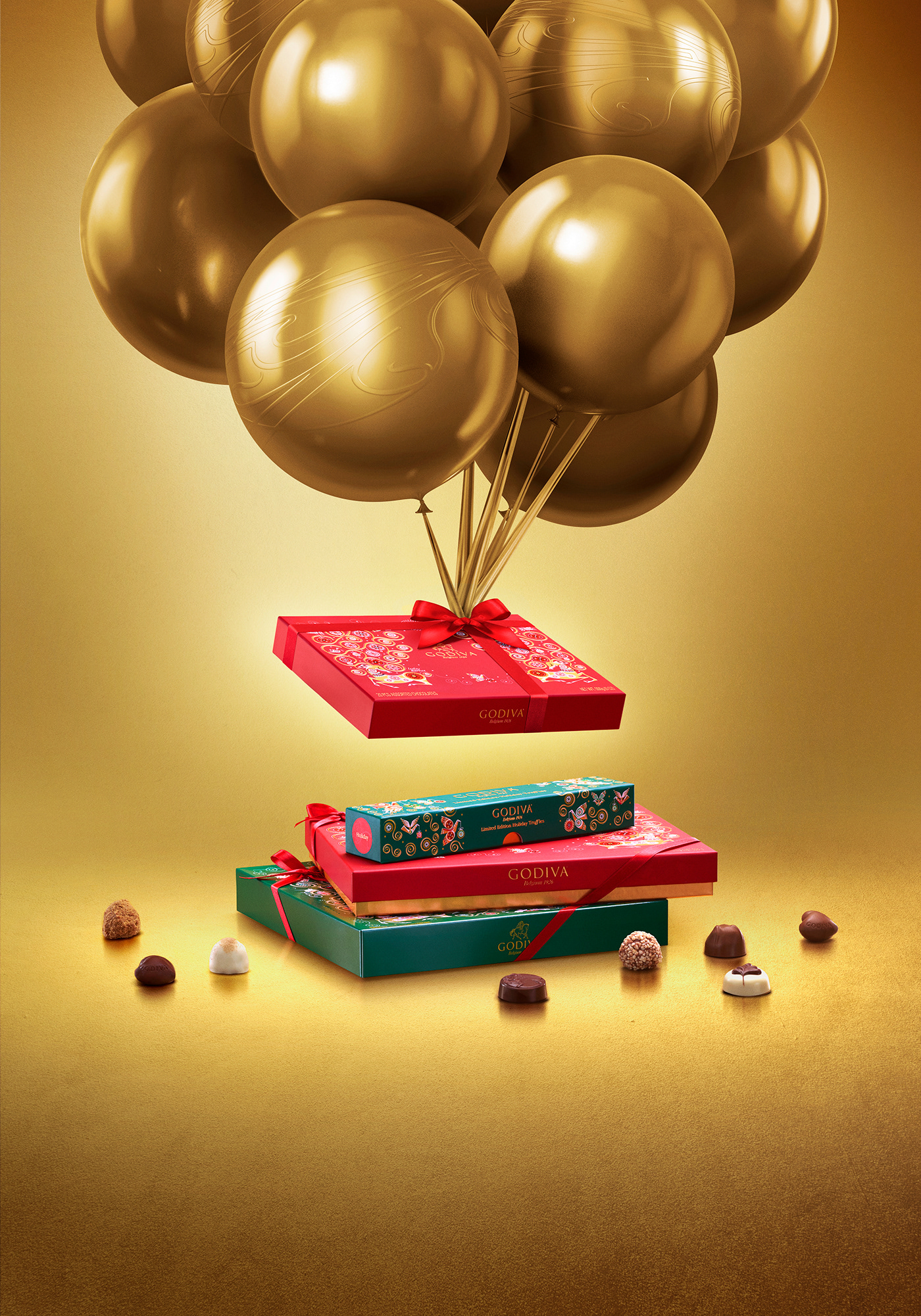CGI Render retouch commercial Advertising  compositing godiva chocolate balloons