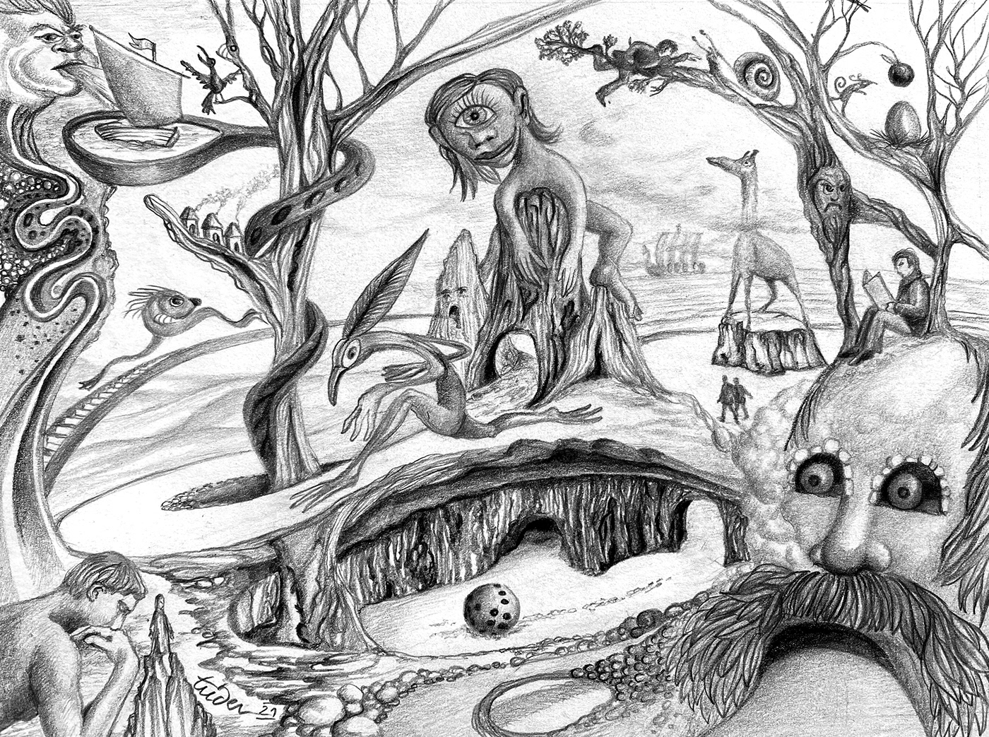 crayon dessin Dessin au crayon fantastique ILLUSTRATION  imaginaire noir et blanc Rêve Surrealisme surrealiste