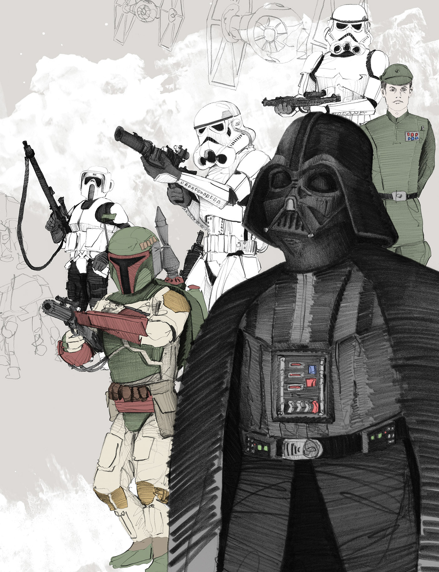 star wars Starwars drawings editorial The Force Awakens darth vader luke skywalker stormtroopers ROLLING STONE MAGAZINE C3PO R2D2 Chewbacca