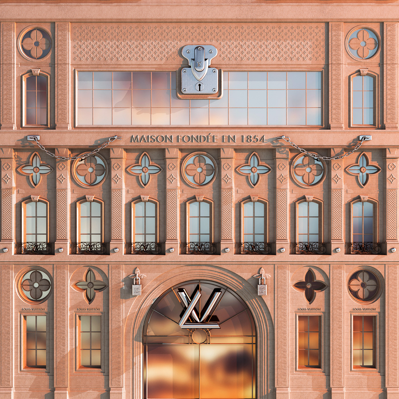 abloh building facade Fashion  lock luxury monogram Paris pattern CGI