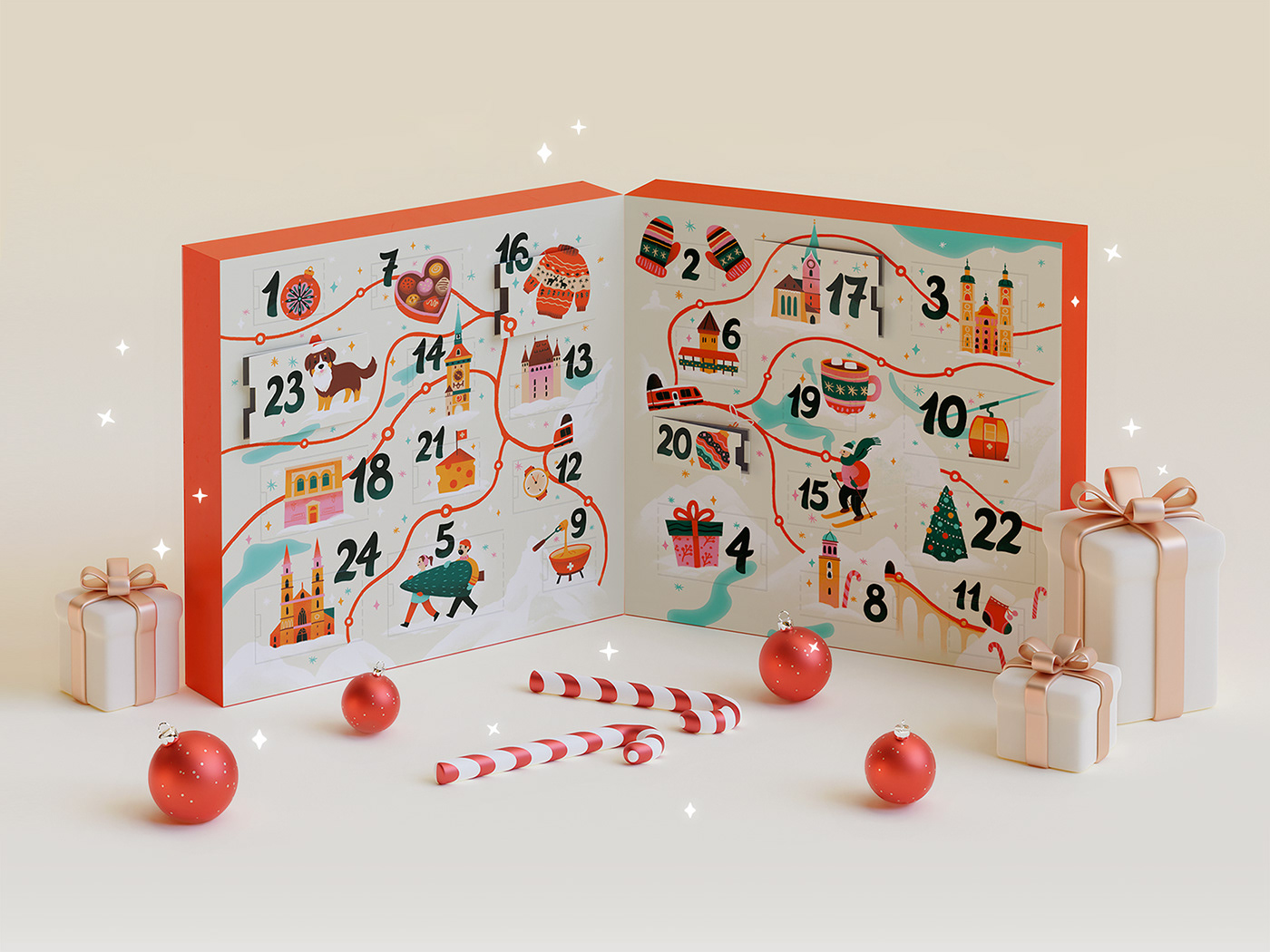 Advent calendar box spread with some doors open on stage with Christmas decorations and gifts.