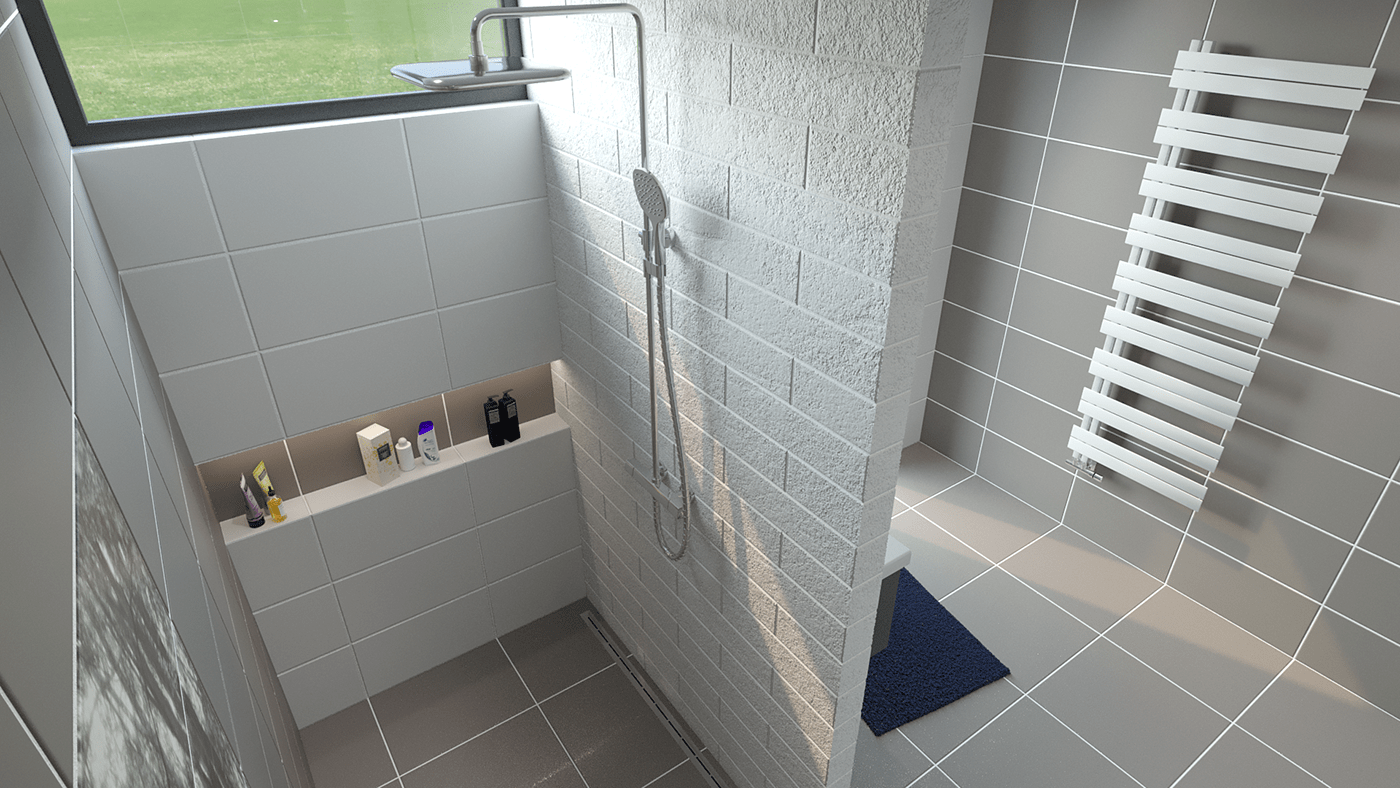 bathroom brick grey SHOWER Sink tiles White