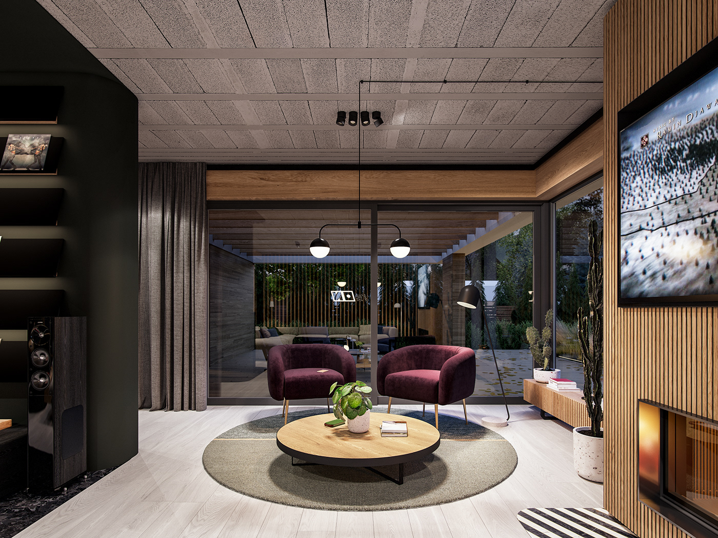 concrete cosy desin house Interior minimal modern pin Plum wood