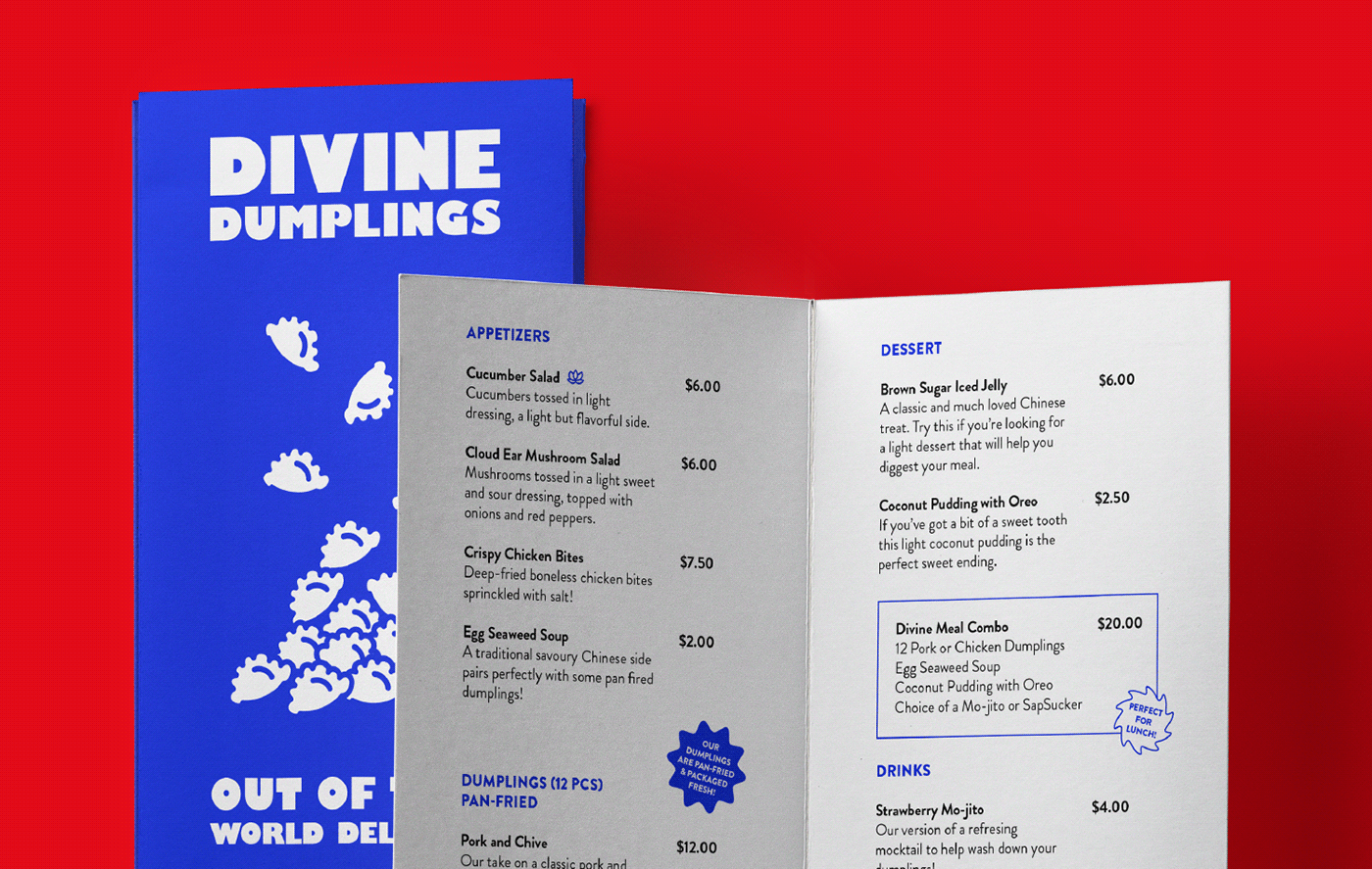 Photo of the take-out menu front cover and inside pages