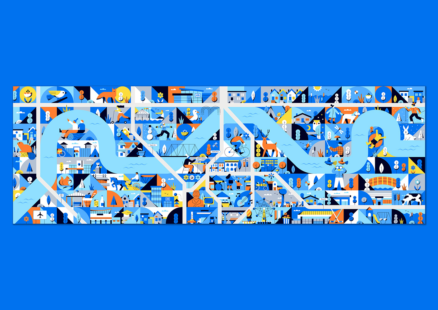 city map Mural geometric abstract flat vector animals people ILLUSTRATION 