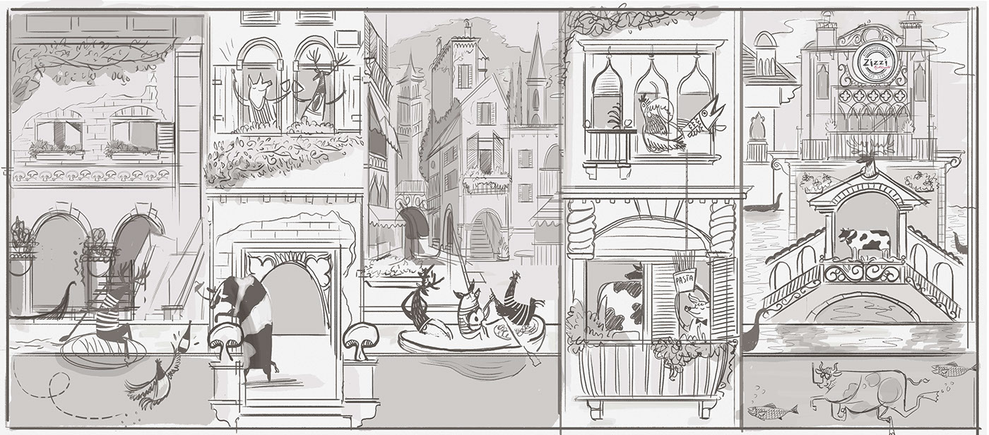 Zizzi characters sketches menu italian Food  type drink animals Venice design Charlie autumn winter
