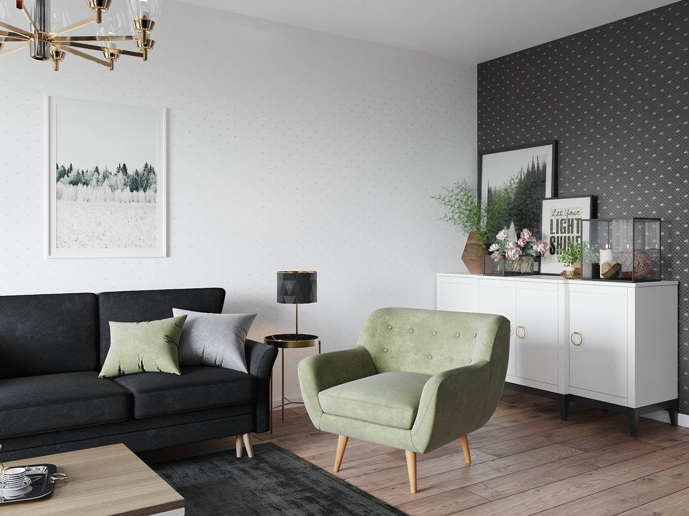 3d design 3D Interior black design interior furniture design  living room White гостиная   дизайн интерьера интерьер