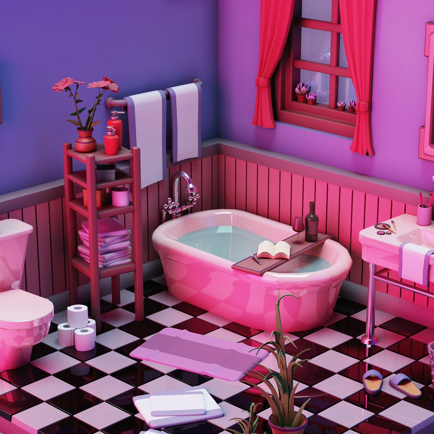 aesthetic Diorama Isometric pink Retro washroom