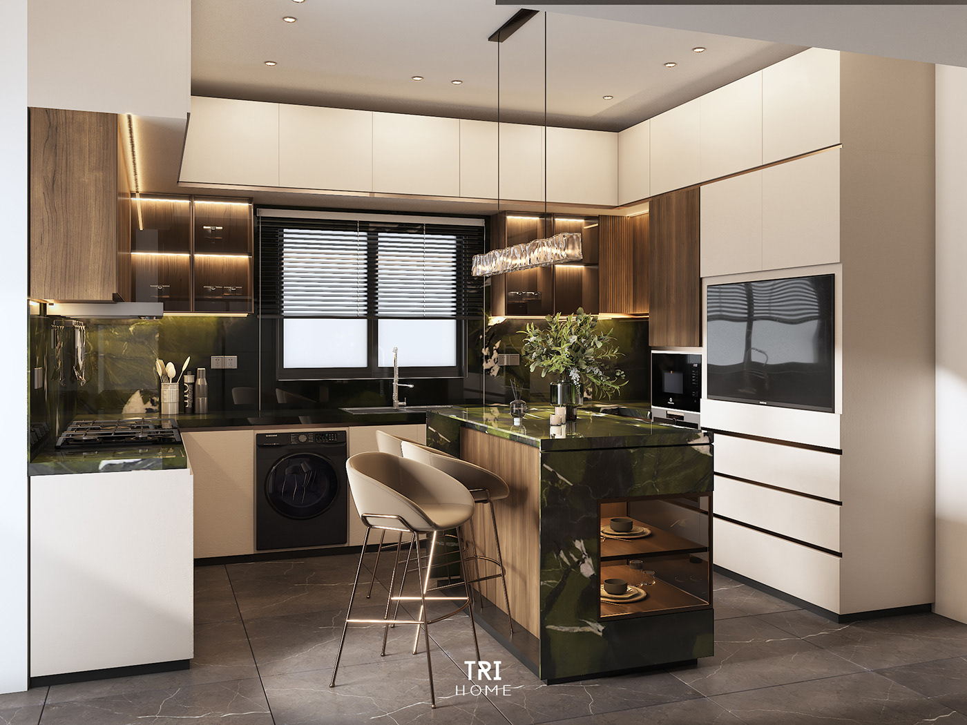 design olive green kitchen interior design  modern visualization architecture concept Space 