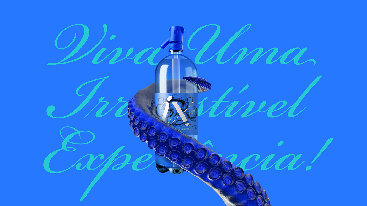 water octopus blue Packaging bottle Label product Água IX grupo ix sparkling