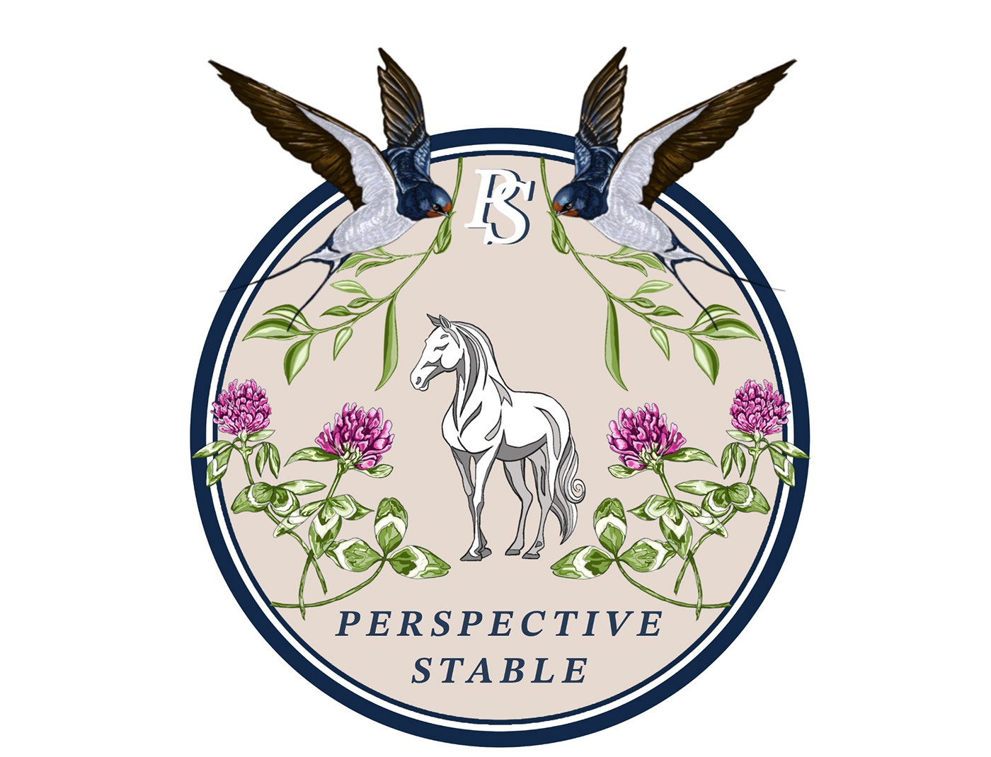 лошадь лошади логотип эмблема Конюшня цветы клевер ласточка ласточки птица птицы герб