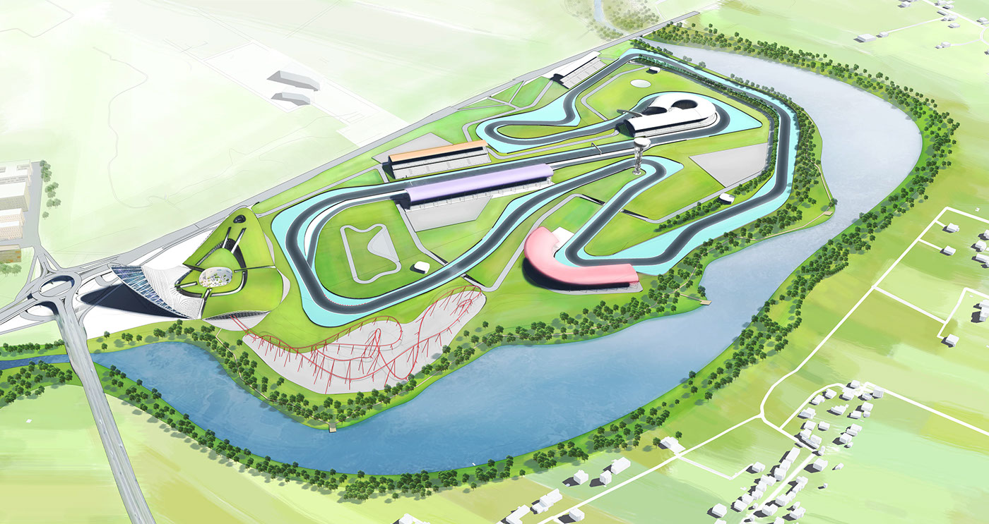 Formula1 automotive   racetrack Autoracing factory hill curved tower academy entertainment area tribunes