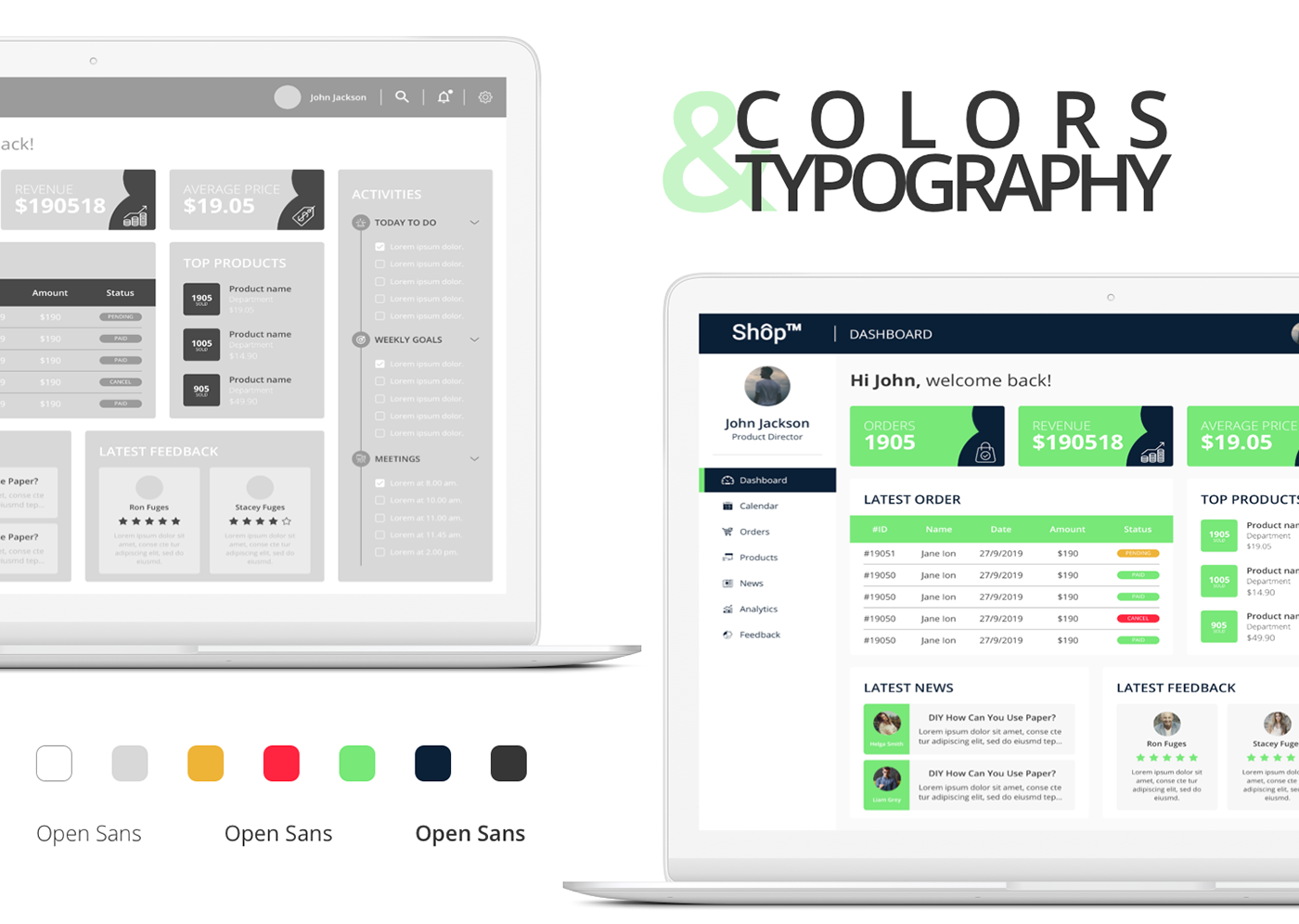 UI ux wireframes cms easy simple shop colors design