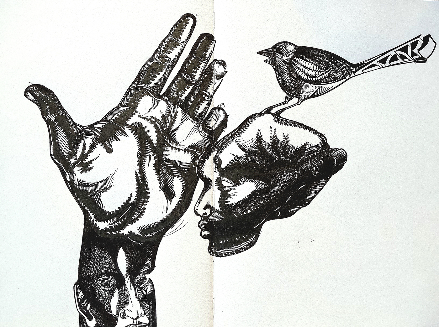 bird black and white Character face Flying ink maze Nicolas Skorupka paper Tree 