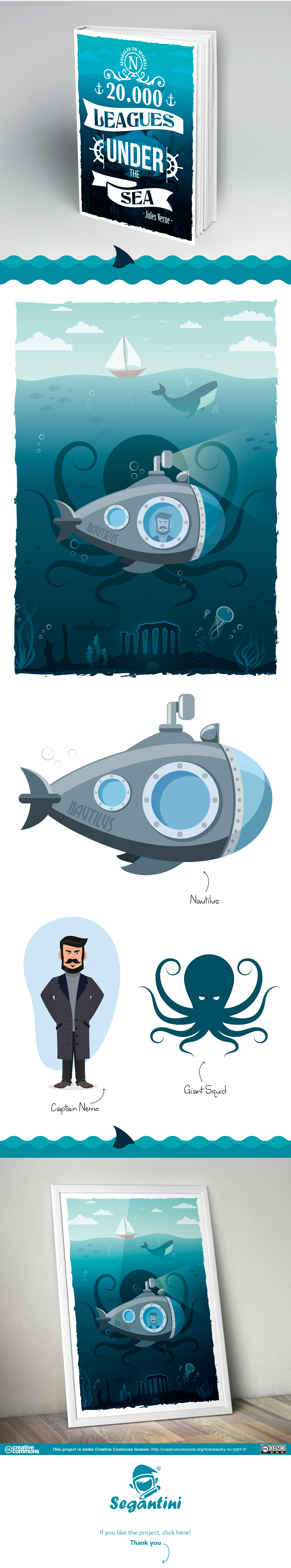 verne sea blue deep giant Nemo nautilus digital vector Character design comic submarine material flat